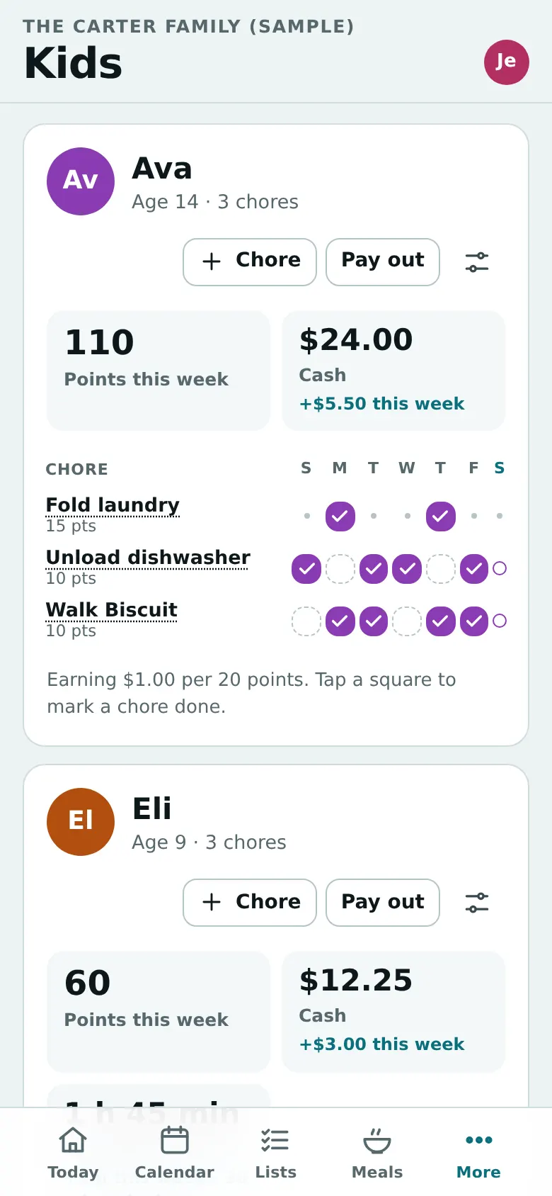 A kid's card in Huddle: points this week, cash, screen time in hours and minutes, stars, and a request waiting for a parent