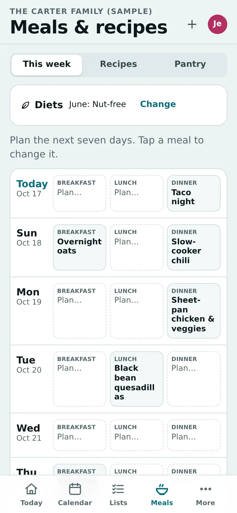 The week's meal plan with diet notes