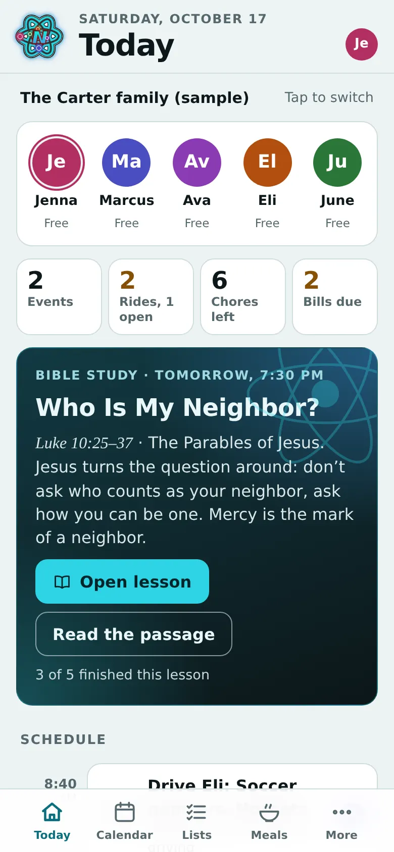 Huddle's Today screen: the family's events, rides, chores and the next Bible study